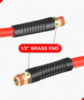 Close-up of Boss Level Heavy Duty Half Inch By Fifty Foot Hybrid Air Compressor Hose Rated At 300 Psi with brass fittings.