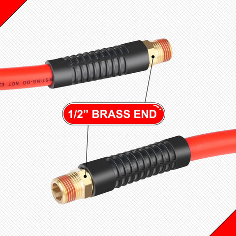 Close-up of Boss Level Heavy Duty Half Inch By Fifty Foot Hybrid Air Compressor Hose Rated At 300 Psi with brass fittings.