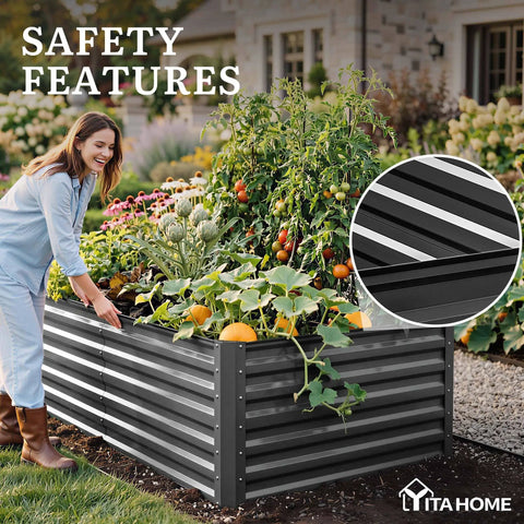 Large Raised Garden Bed Kit 8x4x2ft With Galvanized Metal Planter Box Includes Gloves Ground Nails Support Rods And Safety Rubber For Above Ground Planting Of Vegetables And Flowers In Black Finish, with a person gardening.