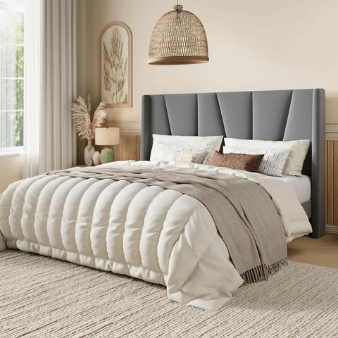 Flat Out Comfy Queen Size Upholstered Platform Bed Frame With Wingback Headboard And High Density Foam Padding Wrapped In Soft Breathable Velvet Fabric For Stylish Grey Rooms in a cozy bedroom setting.
