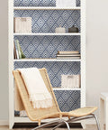 Bookshelf with Arrowhead Deep Peel And Stick Wallpaper In Blue For Totally Easy DIY Decor, Removable Geometric Diamond Pattern Wall Covering
