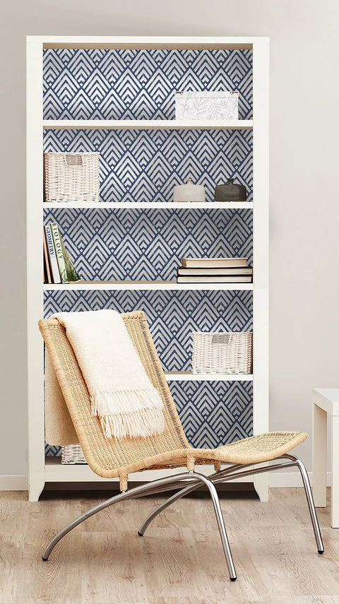 Bookshelf with Arrowhead Deep Peel And Stick Wallpaper In Blue For Totally Easy DIY Decor, Removable Geometric Diamond Pattern Wall Covering