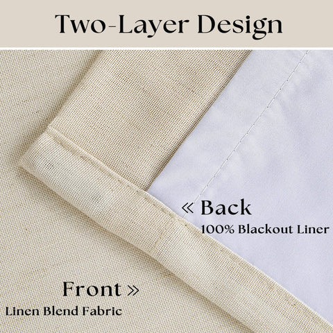 Close-up of Cozy Pleated Cream Beige Linen Blackout Curtains For Bedroom 90 Inch Length 2 Panels showing two-layer design.