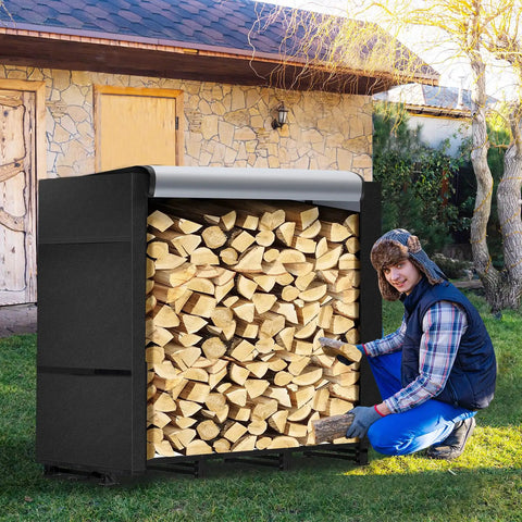 4ft Outdoor Firewood Rack With Waterproof Cover, Heavy Duty Wood Holder, Powder Coated Rack With Hooks in patio setting