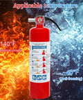 Single red fire extinguisher with labels, standing against fiery and icy background, illustrating temperature range from -40°F to 140°F.