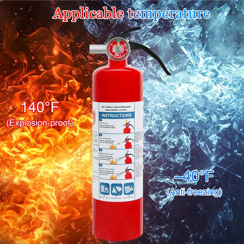 Single red fire extinguisher with labels, standing against fiery and icy background, illustrating temperature range from -40°F to 140°F.