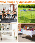4 Pack Adjustable Table Leg Risers Featuring Smooth Rolling Casters Heavy Duty Metal Extenders at various table setups.