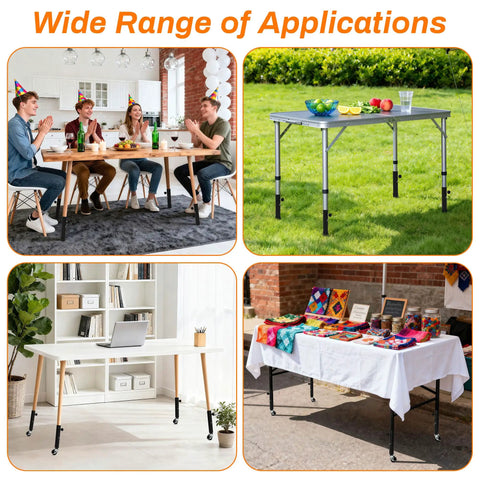 4 Pack Adjustable Table Leg Risers Featuring Smooth Rolling Casters Heavy Duty Metal Extenders at various table setups.