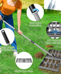 Lawn Leveling Rake With Stainless Steel Long Handle Pro Grade in use on grassy lawn, heavy-duty yard tool with adjustable handle, 30x10 inch.