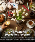 Fully Automatic Espresso Machine With 10 Custom Options And Built In Grinder Pours Barista Level Coffee Directly On Your Counter Using Easy One Touch Controls For A Smooth Daily Grind That Hits Different with breakfast spread and flowers.