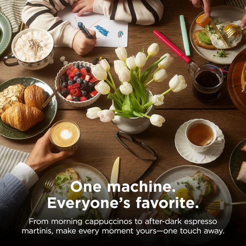 Fully Automatic Espresso Machine With 10 Custom Options And Built In Grinder Pours Barista Level Coffee Directly On Your Counter Using Easy One Touch Controls For A Smooth Daily Grind That Hits Different with breakfast spread and flowers.