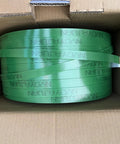 Pro Level Heavy Duty Poly Strapping Kit Boasts Sweat Saving Handled Spools packed with green polyester strapping inside a cardboard box.