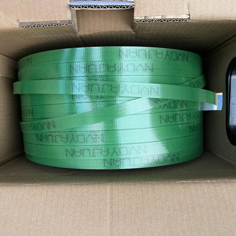 Pro Level Heavy Duty Poly Strapping Kit Boasts Sweat Saving Handled Spools packed with green polyester strapping inside a cardboard box.