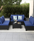 7 Piece Outdoor Patio Sectional Wicker Rattan Set In Coffee Blue With Waterproof Cushions on patio