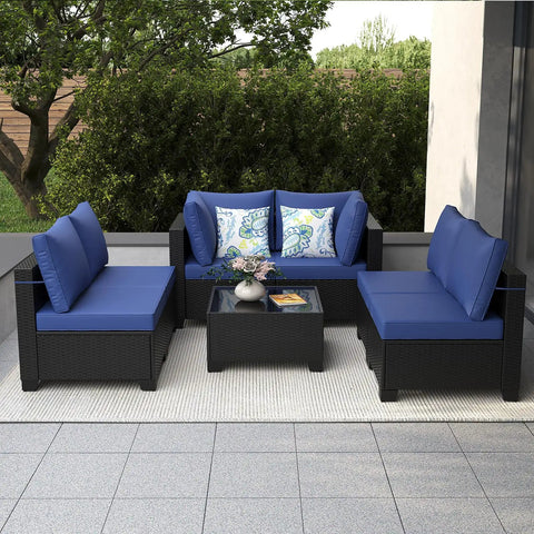 7 Piece Outdoor Patio Sectional Wicker Rattan Set In Coffee Blue With Waterproof Cushions on patio