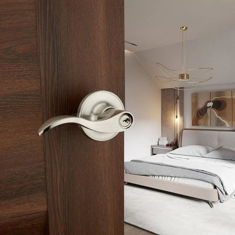 Wave Lever Keyed Entry Door Lock Set In Silver For Lefty Doors With Three Keys Included Adjustable Backset on bedroom door