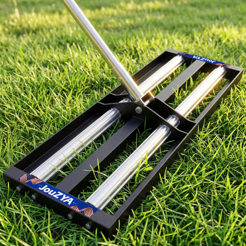 Pro-Grade Heavy-Duty Lawn Leveling Rake With Aluminum Roller Base And Stainless Steel Build on grass surface