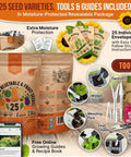 Summer Vegetable And Fruit Seed Variety Pack With 1,875 Non GMO Heirloom Seeds For Indoor And Outdoor Backyard Gardeners Including Beans, Tomatoes, Peppers, Cucumbers, Okra, Collards, Onions, And More, shown with tools and guides.