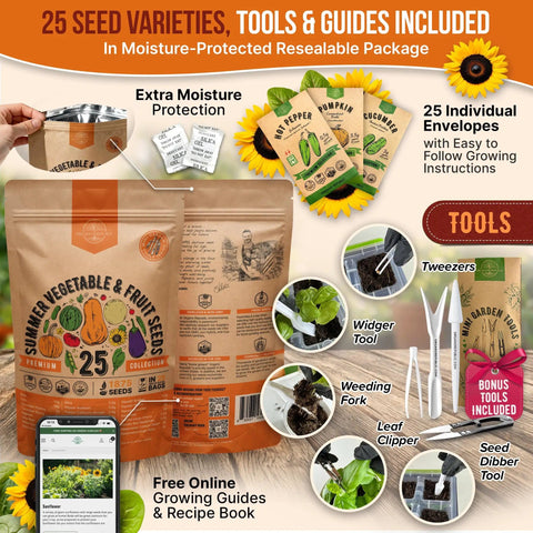 Summer Vegetable And Fruit Seed Variety Pack With 1,875 Non GMO Heirloom Seeds For Indoor And Outdoor Backyard Gardeners Including Beans, Tomatoes, Peppers, Cucumbers, Okra, Collards, Onions, And More, shown with tools and guides.