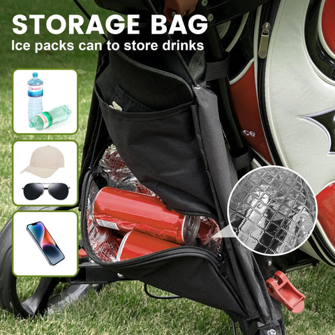 Ultralight Aluminum Golf Push Cart With Quick Snap One Click Fold Design And Large Ten Inch All Terrain Wheels That Glide Hella Smooth On Any Clubhouse Course storage bag with drinks and ice packs.