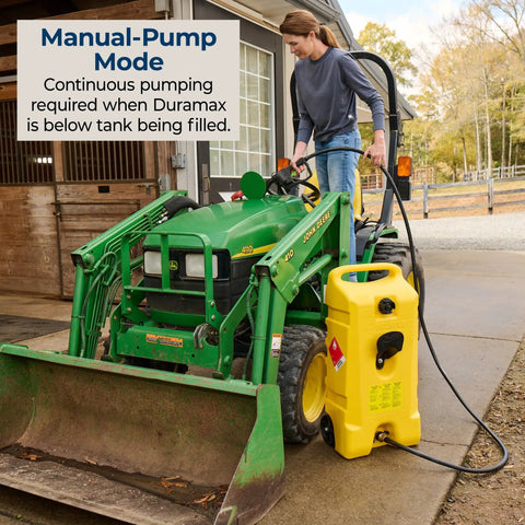 Person using Duramax 14 Gallon Wheeled Diesel Fuel Transfer Tank with Spout Pump Yellow next to green tractor