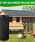 Black Vinyl Coated Hardware Cloth One Half Inch Mesh 48 Inch Wide 100 Feet Roll 19 Gauge Steel used for poultry coop fencing.