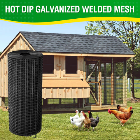 Black Vinyl Coated Hardware Cloth One Half Inch Mesh 48 Inch Wide 100 Feet Roll 19 Gauge Steel used for poultry coop fencing.