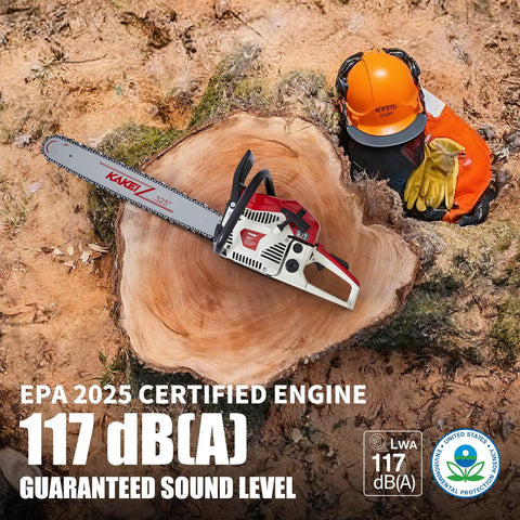 Gas Chainsaw For Tree Cutting And Firewood, 61.5cc 3.8HP 2 Stroke Engine next to logger on tree stump with helmet and gloves
