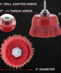 Drill Ready Four Inch Coarse Abrasive Nylon Bristle Cup Brush With Five Eighths Inch Eleven Thread And One Quarter Inch Hex Shank Arbor