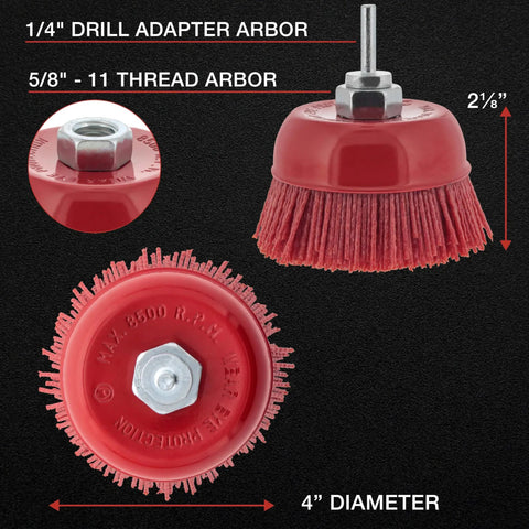 Drill Ready Four Inch Coarse Abrasive Nylon Bristle Cup Brush With Five Eighths Inch Eleven Thread And One Quarter Inch Hex Shank Arbor