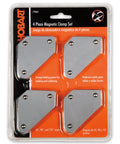 Hobart 4-piece magnetic welding clamp set; four silver metal clamps in orange packaging