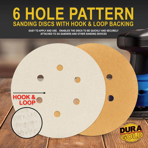 Premium 80 Grit Gold Sandpaper Discs 6 Inch With 6 Hole Dustless Hook And Loop Backing For DA Sander Box Of 50