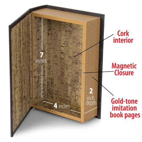 Faux Book Safe With Hidden Compartment For Small Valuables And Cash open showing dimensions and interior design features