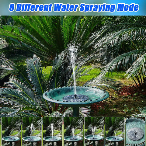 Solar Bird Bath Fountain Pump With 4000mAh Battery, 4W Solar Power, 7 Nozzles And 4 Fixers in garden with 8 spray modes