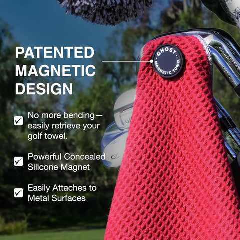 Red golf towel with magnetic design hanging on clubs, waffle weave pattern, microfiber, greenside ultra absorbent.