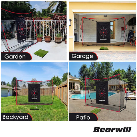 Golf Practice Net Set 10x7ft Heavy Duty Net With Mat Target Cloth 6 Balls 8 Tees Rubber Tee And Carry Bag installed in backyard, garden, garage, and patio.