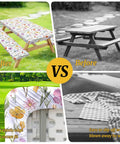 Before and after comparison of a 6-foot picnic table with elastic fitted floral tablecloth and bench covers.