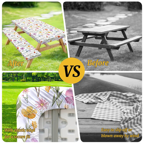 Before and after comparison of a 6-foot picnic table with elastic fitted floral tablecloth and bench covers.