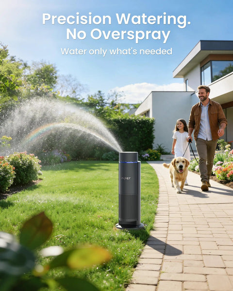 IrriSense 2 Smart Irrigation System spraying water on a lawn with man, child, and dog walking on a path, blue accent ring visible
