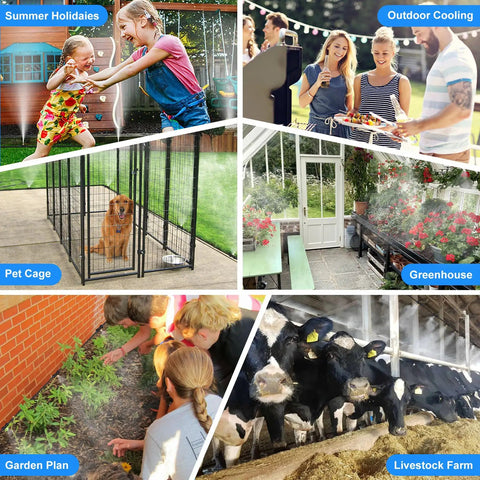Collage showing uses of Misting System 26 Foot Kit With Brass Nozzles And Three Quarter Inch Brass Adapter for outdoor cooling.