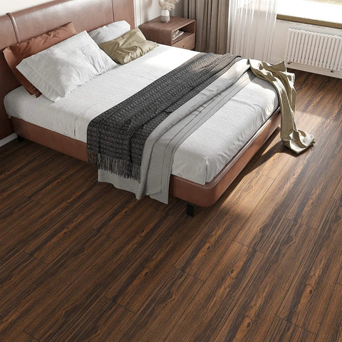 Bedroom with Dark Brown Peel And Stick Floor Tiles 6x36 Inch Waterproof Vinyl Planks Self Adhesive Wood Look Flooring