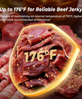 Close-up of beef jerky displaying 176°F, showcasing Heavy Duty Five Tray Electric Food Dehydrator With Digital Timer And Temp Control Up To 176 Degrees Fahrenheit.