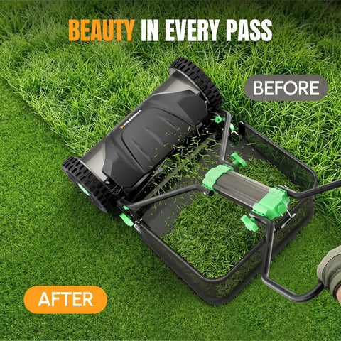 16 Inch Push Reel Lawn Mower With 5 Cutting Blades And Adjustable Height, Removable 8 Gallon Grass Catcher, Easy No Fuss Cut For Yards And Gardens, Clean Level Cut, Durable Black Finish on grass before after