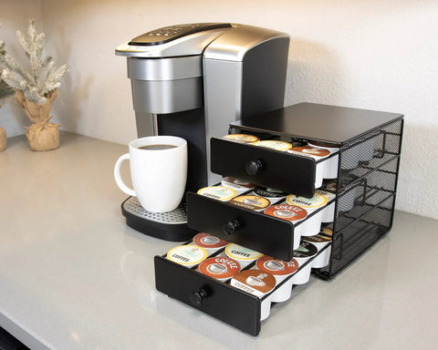 Coffee Pod Drawer For KCups 3 Tier Organizer With 36 Pod Capacity Sleek Black Satin Finish next to coffee machine on counter