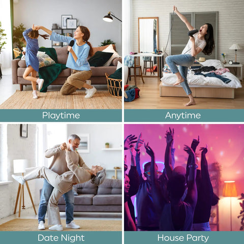 Collage of four scenes showing different uses of LED Plus Bluetooth Speaker Light Bulb Soft White A21 60W Equivalent Three Pack.