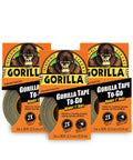 Mini Duct Tape To Go Travel Size 1 Inch By 10 Yards Black Pack Of 3 Heavy Duty Double Thick Adhesive For On The Go Repairs Sticks To Rough Surfaces And Doubles As A Quick Clamp. Visible: Three rolls of Gorilla Tape To-Go in packaging with orange labels.