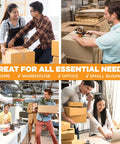 People using Clear Packing Tape 60 Yards Per Roll, Pack of 6 Rolls, 2.7 Mil Thick Heavy Duty Adhesive for boxes in various settings.