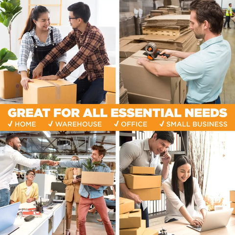 People using Clear Packing Tape 60 Yards Per Roll, Pack of 6 Rolls, 2.7 Mil Thick Heavy Duty Adhesive for boxes in various settings.
