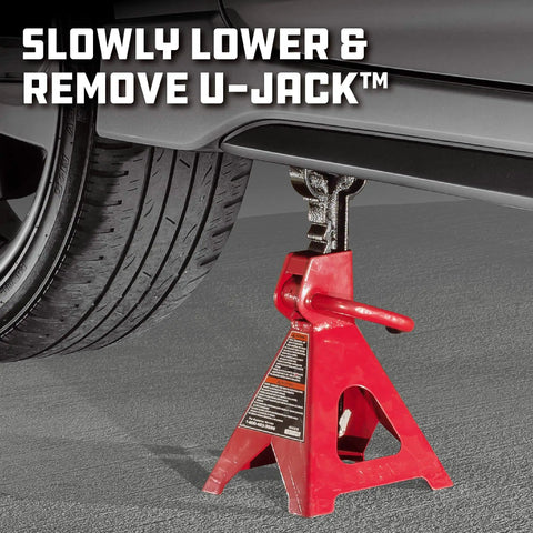 2 Ton U Jack Garage Jack That Saves Time No Fuss With 3000 Lbs Load Capacity And Lift Range From Four And A Half Inch To Eighteen And Three Quarters Inch Unique Slotted Saddle For Quick Slide In Jack Stands On Unibody Cars In Your Home Garage shown under a car with a red jack stand