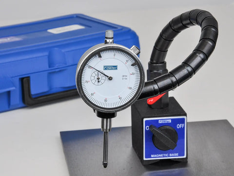 Heavy-Duty Flex Arm Base And Precision Indicator Combo With 85 Lb Hold 1 Inch Travel Two And One Quarter Inch Dial 0.001 Inch Reading 0-100 Revolution Counter For Rock-Solid Positioning In Any Angle, dial indicator on magnetic base